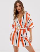 Asos Design Stripe Beach Cover Up With Natural Belt-white