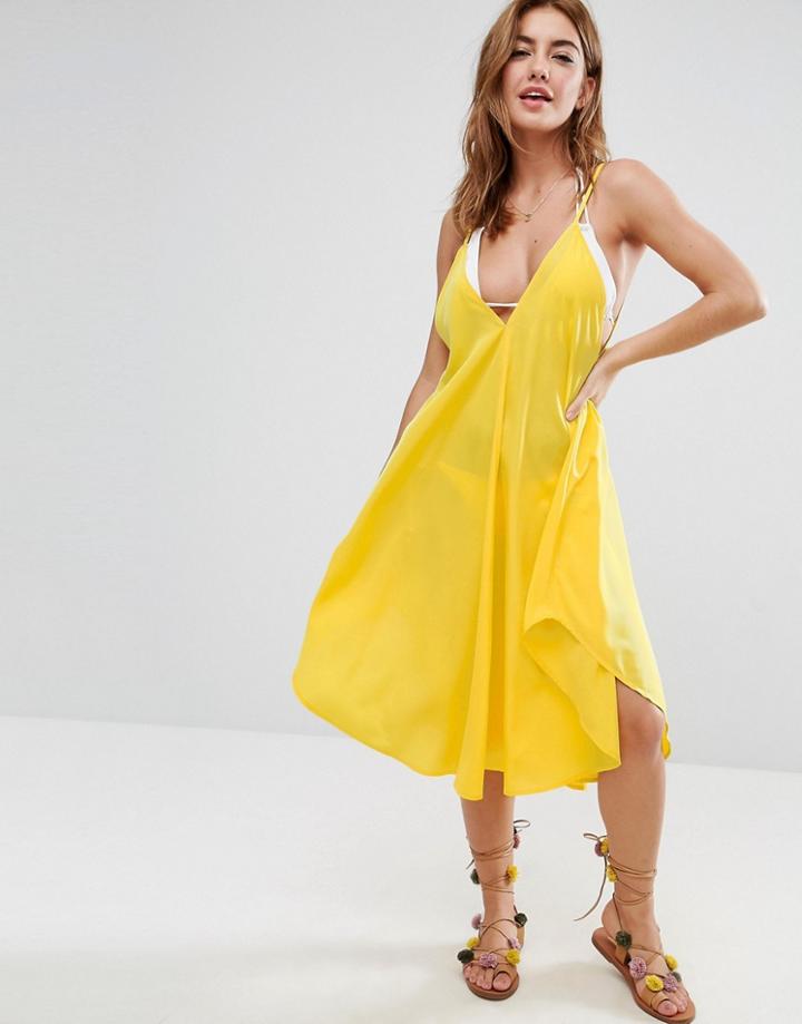 Asos Cami Beach Dress With Dipped Hem - Yellow