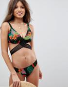 Asos Design Fuller Bust Exotic Leaf Print Hand Macrame Triangle Bikini Top Dd-f - Multi