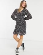 New Look Ruched Front Mini Dress In Black Ditsy Print