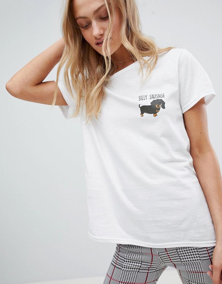 Daisy Street T-shirt With Sausage Dog Print - White