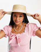 My Accessories London Straw Boater Hat With Gingham Trim-neutral