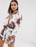 Missguided Satin Scarf Print Shirt In White Paisley - Multi