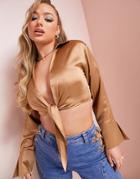 Asos Design Satin Tie Front Top In Camel-brown