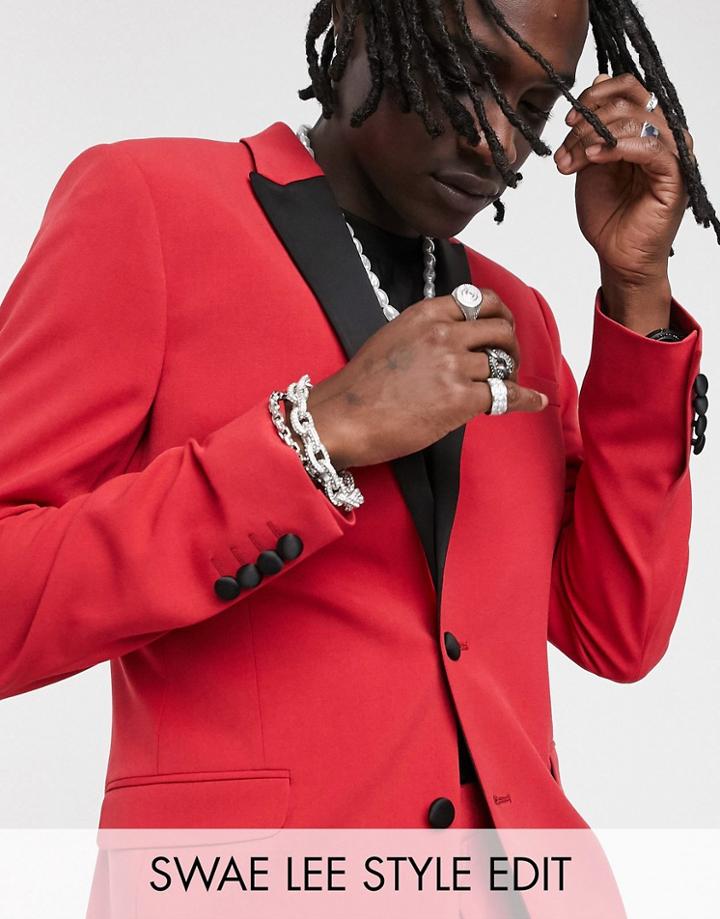Asos Design Super Skinny Tuxedo Jacket In Red