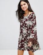Pixie & Diamond Printed Shift Dress With Lace Sleeves - Burgandy