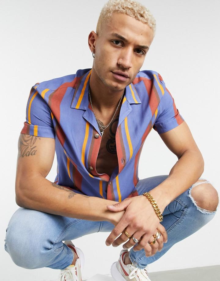 Asos Design Relaxed Retro Stripe Camp Shirt In Orange And Blue-blues