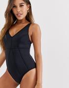 Asos Design 'sculpt Me' Control Underwired Paneled Supportive Swimsuit In Black - Black