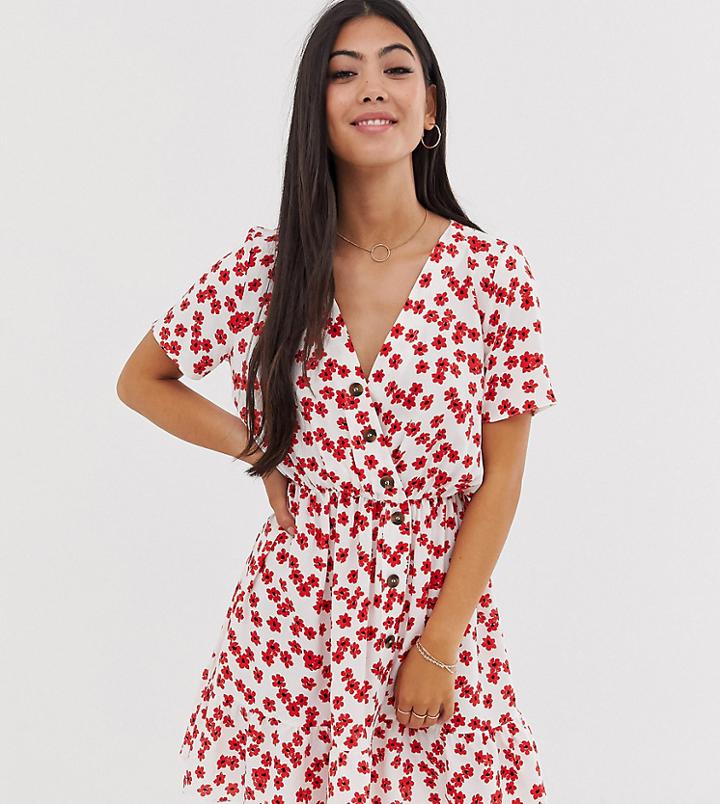 Asos Design Petite Button Through Pep Hem Mini Dress In White Based Ditsy Floral Print-multi