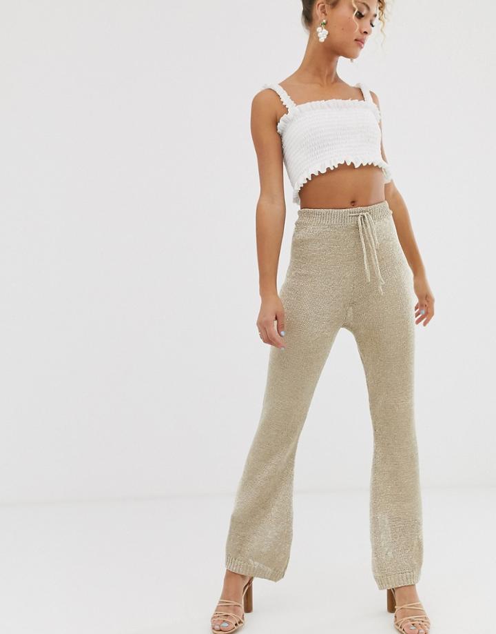 Never Fully Dressed Metallic Knitted Flare Pants Two-piece In Light Gold - Gold