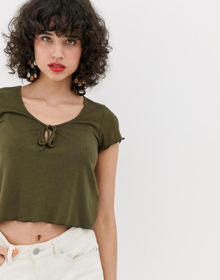 Vero Moda Scoop Neck Rib Top With Lettuce Edge - Green