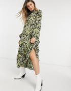 Never Fully Dressed Tiered Smock Top Midi Dress In Green Smudge Print