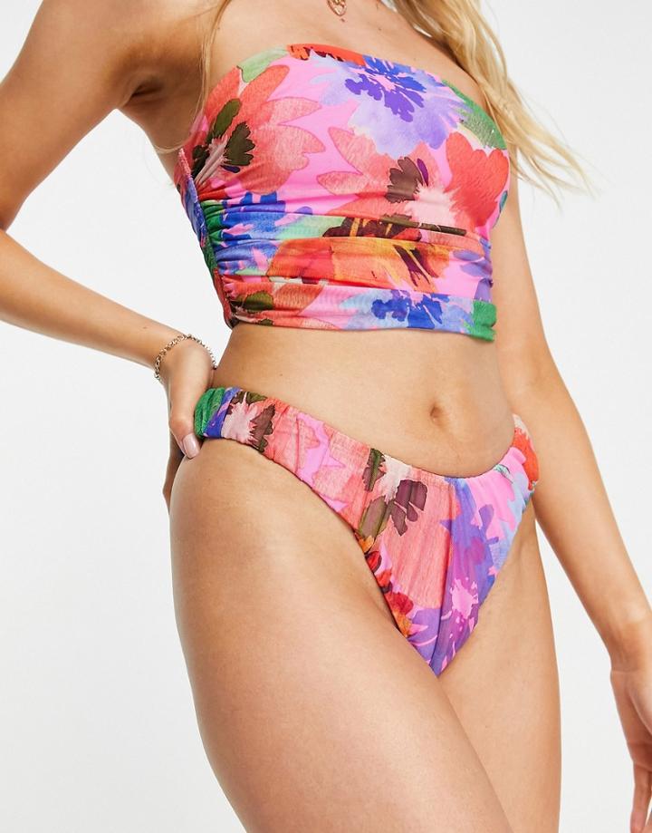 Asos Design Ruched Mesh High Leg Bikini Bottom In Abstract Floral Print-multi