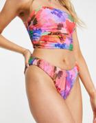 Asos Design Ruched Mesh High Leg Bikini Bottom In Abstract Floral Print-multi