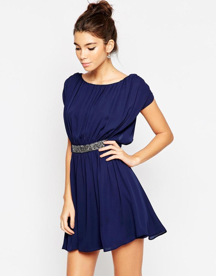 Asos Embellished Waist Mini Skater Dress - Navy