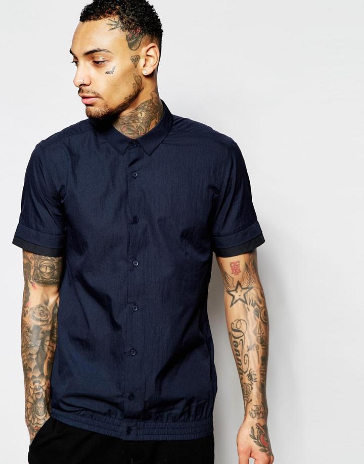 Asos Nylon Shirt With Elasticated Hem In Navy With Short Sleeves - Navy