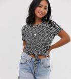 New Look Petite Ditsy Floral Tie Front Tee In Black - Black