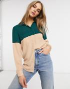 Asos Design Color Block Shirt In Teal And Stone-multi