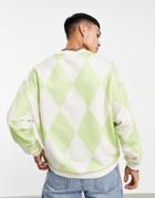 Asos Design Oversized Sweatshirt In Washed Green With All Over Argyle Print