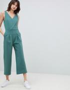 Selected V Neck Jumpsuit With Pleat Detail - Green