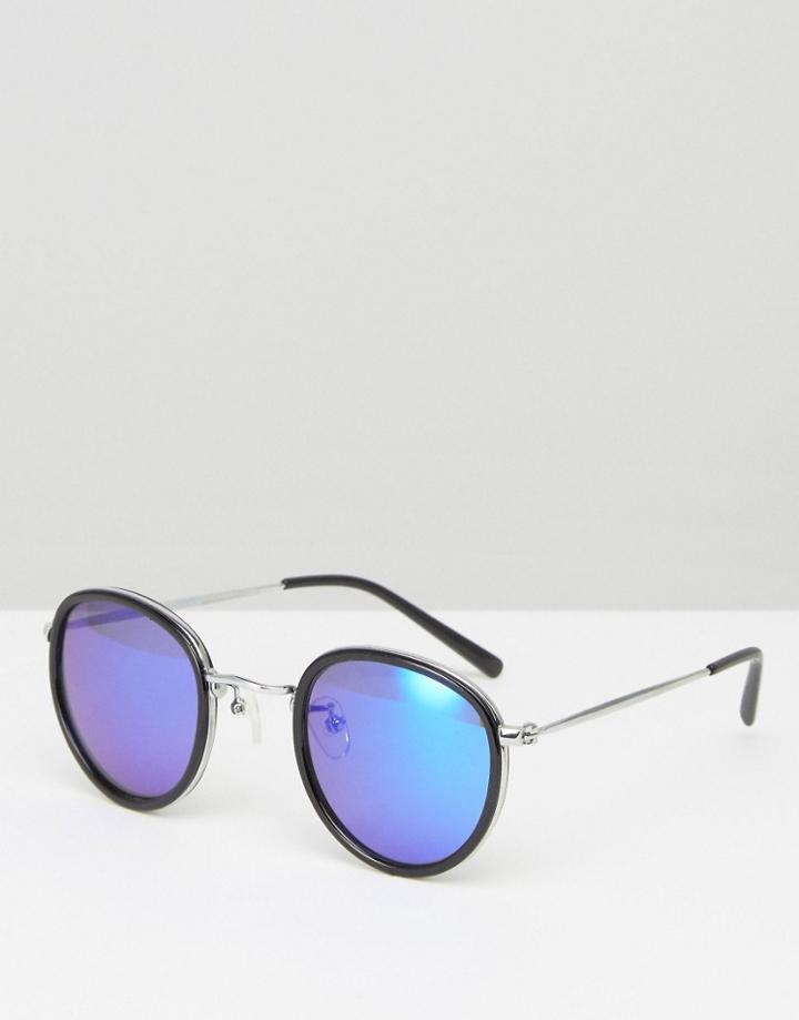 Asos Round Sunglasses In Black With Blue Mirror Lens - Black