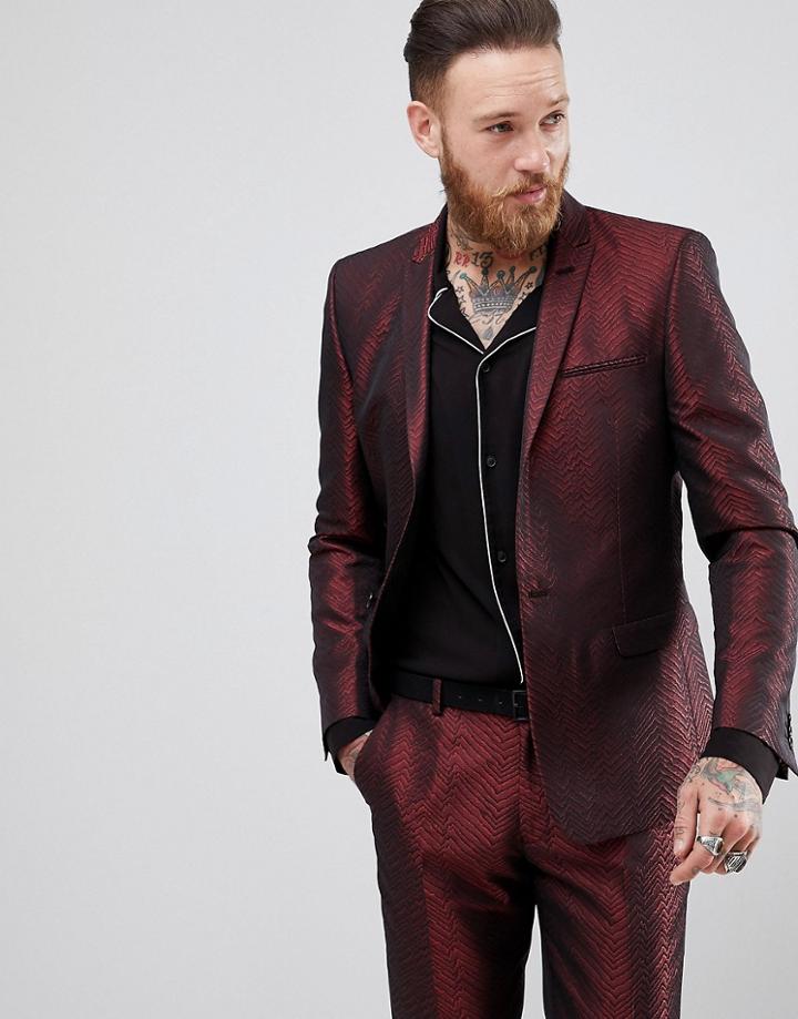 Asos Skinny Suit Jacket In Red Lava Jacquard - Red