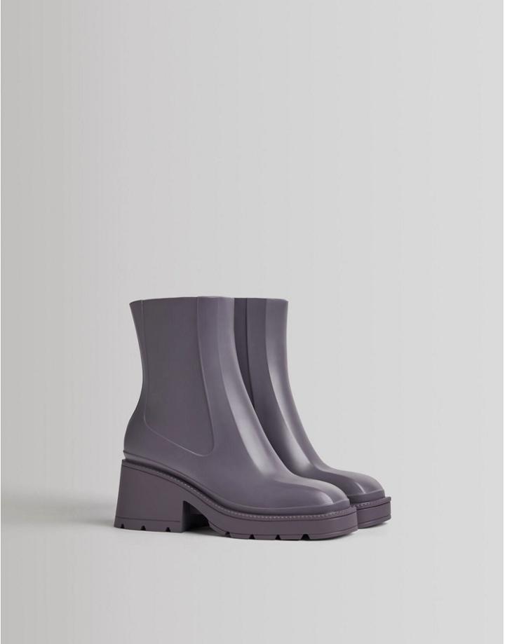 Bershka Heeled Ankle Welly Boots With Square Toe In Lilac-purple