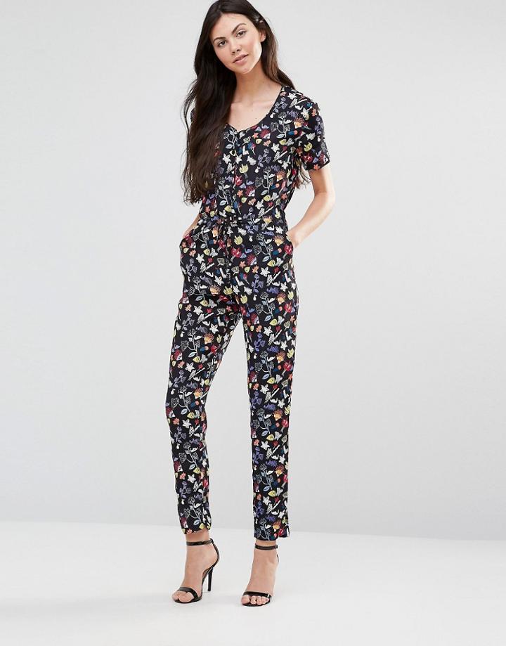 Yumi Scribble Flower Jumpsuit - Black