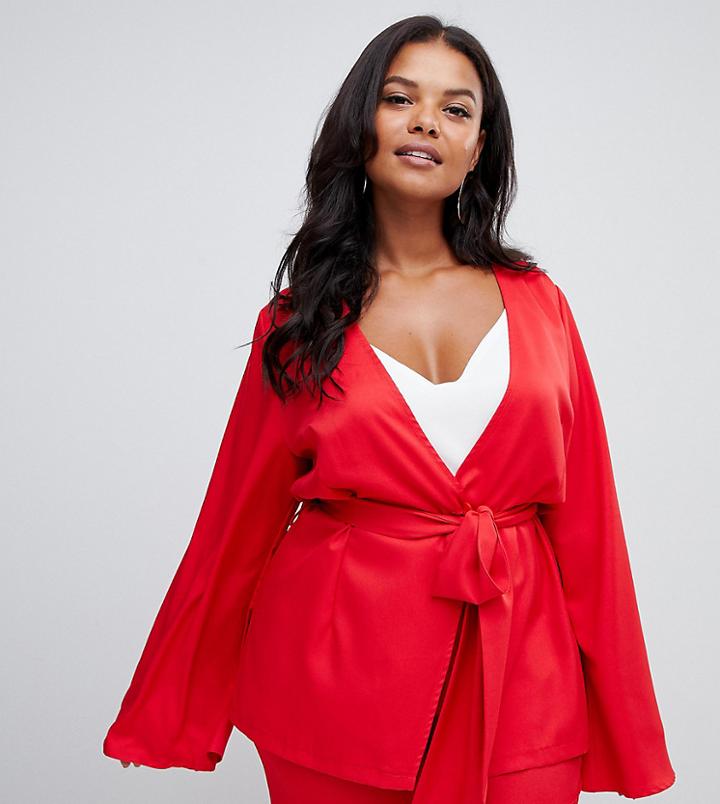 Prettylittlething Plus Tailored Jacket With Belted Waist In Red - Red