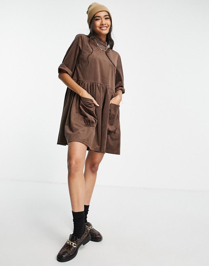 Urban Threads Cord Oversized Smock Dress In Chocolate Brown