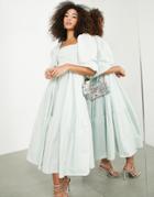 Asos Edition Waisted Midi Dress With Tiered Hem In Sage Green