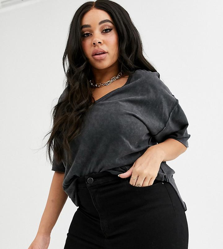 Asos Design Curve T-shirt With Raw Seams And V-neck In Washed Charcoal-black