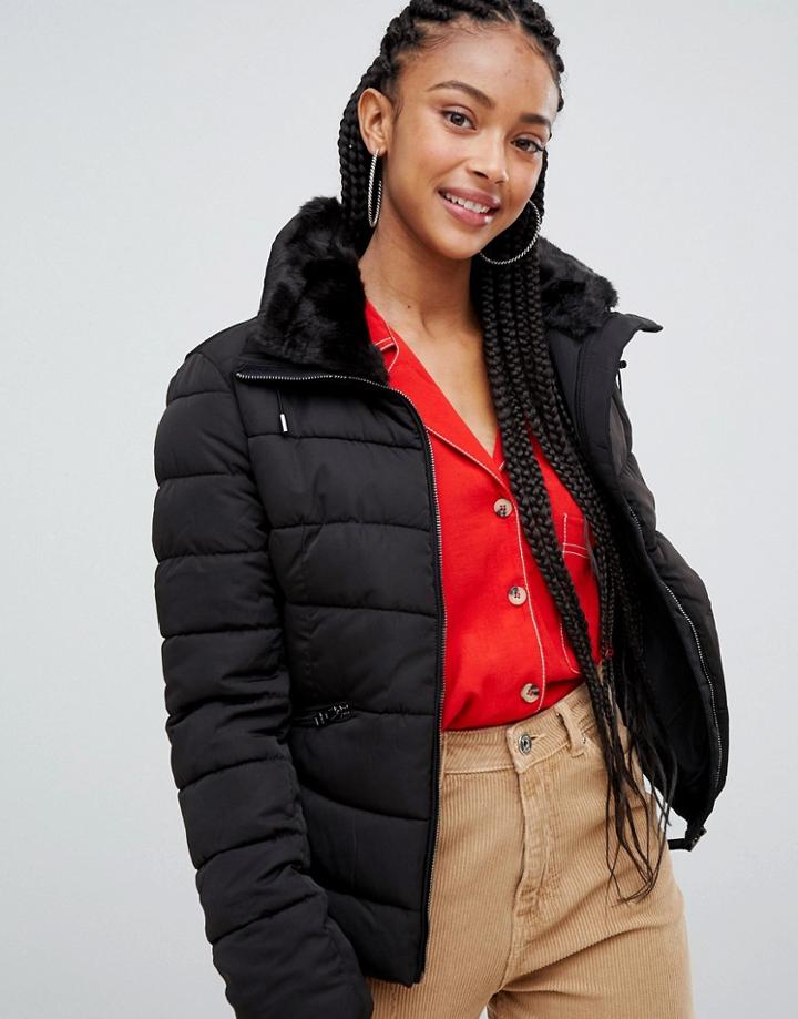 Bershka Padded Jacket With Belt Detail In Black - Blue