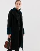 Helene Berman Double Breasted Coat With Contrast Faux Fur Collar And Cuffs-black
