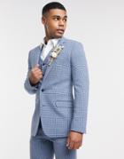 Asos Design Wedding Super Skinny Wool Mix Suit Jacket In Blue Houndstooth Check-blues