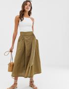 Asos Design Wrap Midi Skirt With D-ring And Pockets - Green
