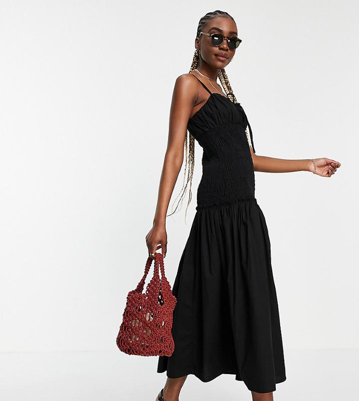 Asos Design Tall Ruched Bust Cami Midi Sundress With Shirred Waist In Cotton Poplin In Black