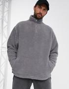 Asos Design Oversized Half Zip Track Neck Sweatshirt In Gray Teddy Borg-grey