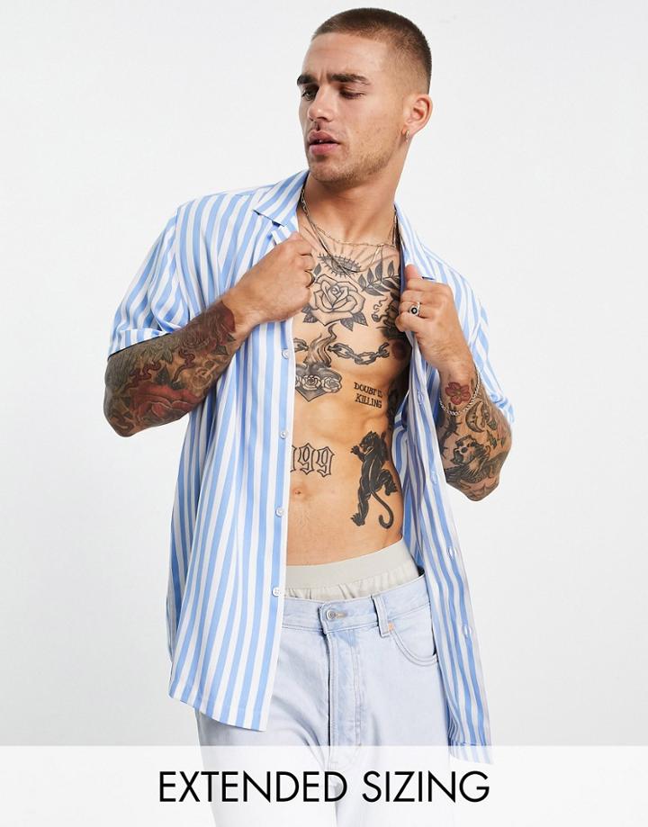 Asos Design Relaxed Camp Collar Shirt In Blue Summer Stripe