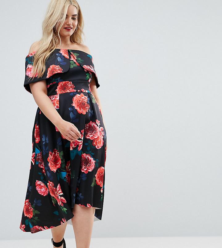 Asos Curve Deep Bardot Scuba Dark Floral Dip Back Midi Dress - Multi