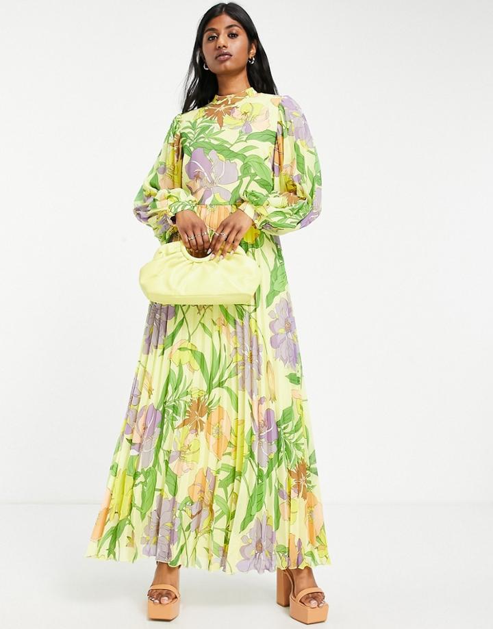 Asos Design Modest High Neck Pleated Long Sleeve Skater Midi Dress In Floral Print-multi