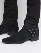 Asos Chelsea Boots In Black Suede With Pointed Toe And Metal Detail - Black