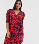 Pink Clove Belted Mini Swrap Dress With Ruched Sleeves In Bright Floral-red