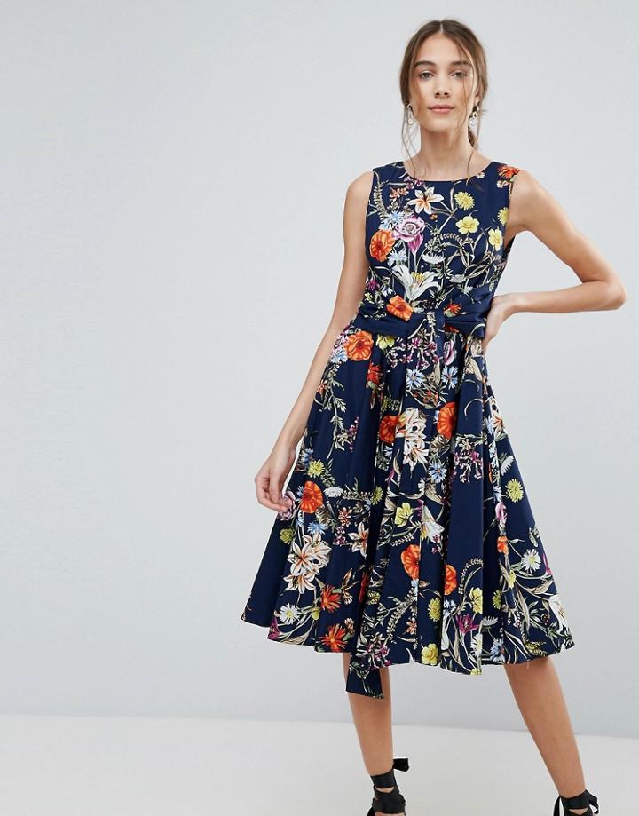 Uttam Boutique Floral Belted Skater Midi Dress - Navy
