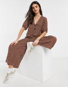 Asos Design Collar Smock Jumpsuit In Brown Spot-multi