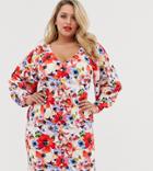 Asos Design Curve Puff Sleeve Tea Dress In Floral Print-multi