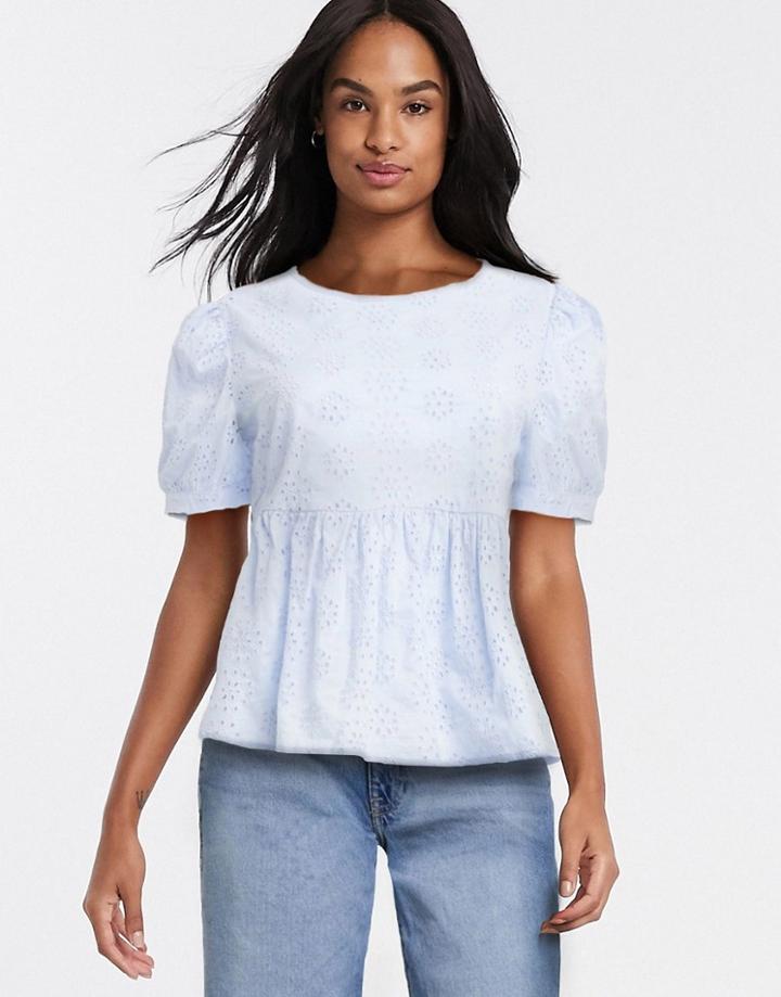 New Look Cutwork Puff Sleeve Top In Blue-blues