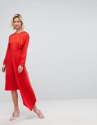 Warehouse Asymmetric Hem Midi Dress - Red