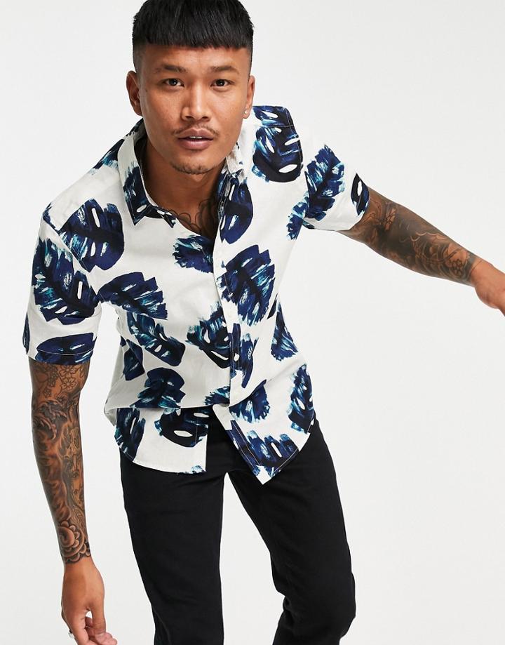 Asos Design Regular Fit Standard Collar Shirt In Linen Large Scale Leaf Print-neutral