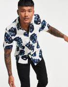 Asos Design Regular Fit Standard Collar Shirt In Linen Large Scale Leaf Print-neutral